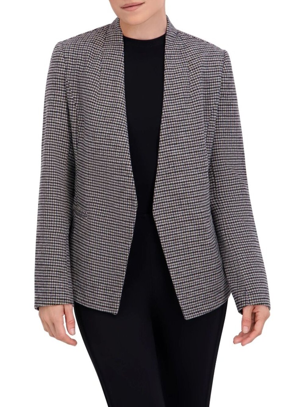 Ann Taylor Blazer Jacket Wome Size 8P Houndstooth Open-Front Black White